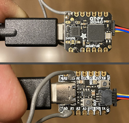 bottom and top view of the QT Py RP2040 microcontroller