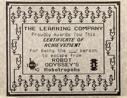 Robot Odyssey certificate